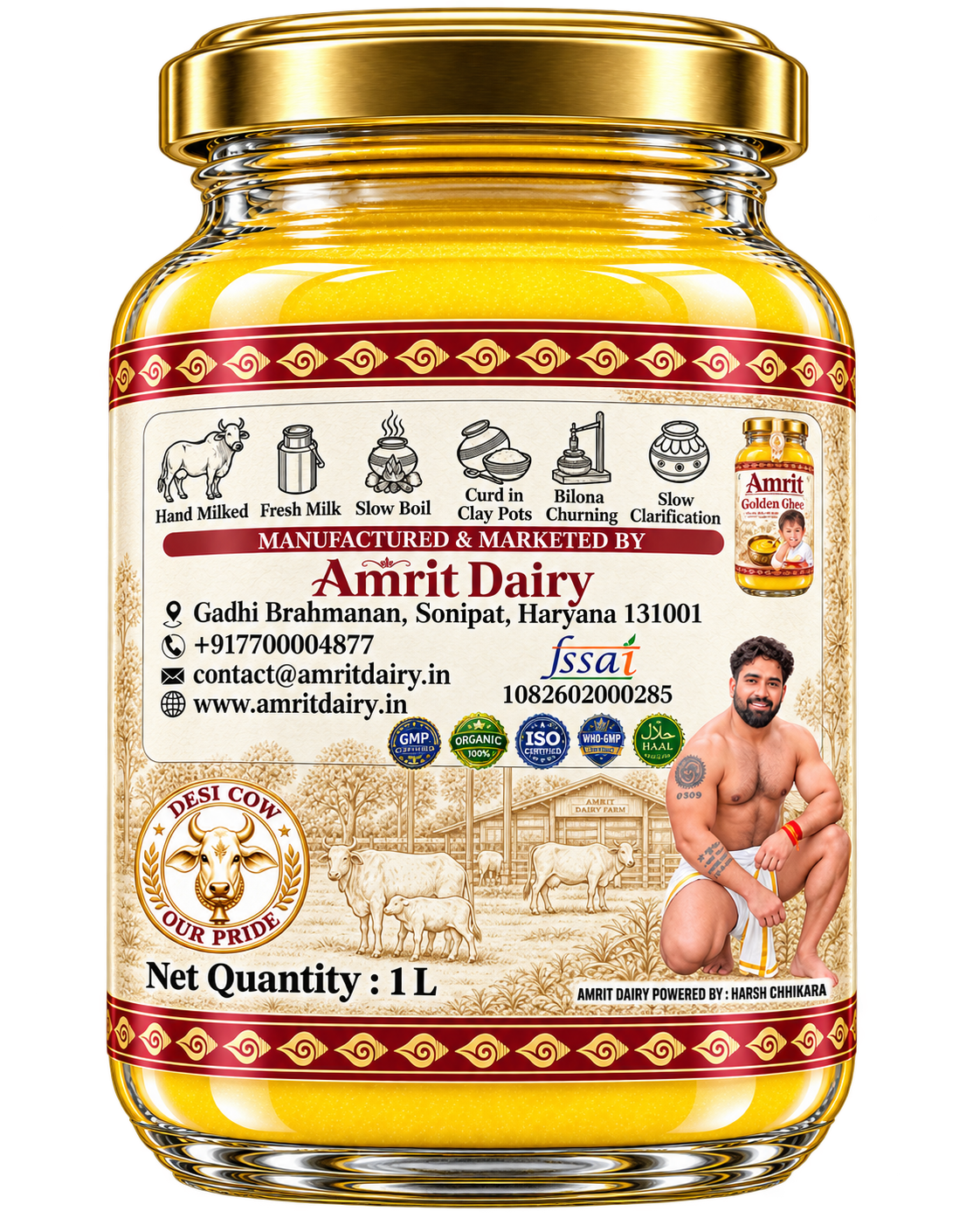 Amrit Golden Ghee: 1-liter glass jar Packing of Amrit Dairy Hand Milked Fresh Cow Ghee, filled with golden yellow ghee and topped with a metallic gold screw cap. The front label features red borders, a cream background, illustrations of traditional dairy farming tools, and a photo of a cowherd.