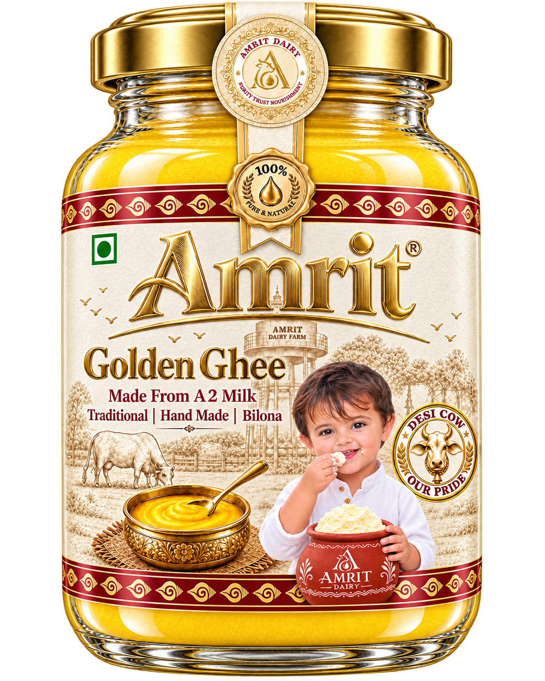 A glass jar of Amrit Golden Ghee with a gold lid and a cream-colored label featuring Amrit Chhikara as a Baby Moskot, a bowl of ghee, and decorative red and gold patterns.