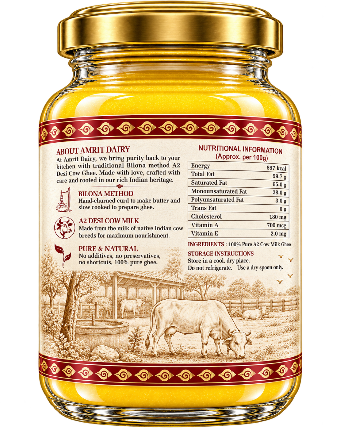 A glass jar of Amrit Dairy A2 Desi Cow Milk Ghee with a gold lid and a detailed label showing a cow in a field, nutritional facts, and product details.